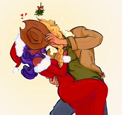 Size: 1468x1390 | Tagged: safe, artist:eeriezoundzz, applejack, rarity, human, g4, christmas, covering, female, hiding, holiday, humanized, implied kissing, kissing, lesbian, ship:rarijack, shipping