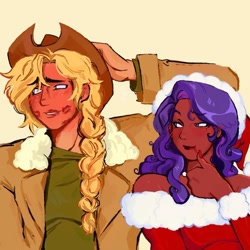 Size: 1426x1426 | Tagged: safe, artist:eeriezoundzz, applejack, rarity, human, g4, christmas, clothes, dark skin, duo, duo female, female, hat, holiday, humanized, jacket, kiss mark, lesbian, lipstick, santa hat, ship:rarijack, shipping, smiling