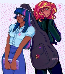 Size: 1414x1608 | Tagged: safe, artist:eeriezoundzz, sunset shimmer, twilight sparkle, human, equestria girls, g4, dark skin, duo, duo female, female, glasses, humanized, lesbian, ship:sunsetsparkle, shipping, shy