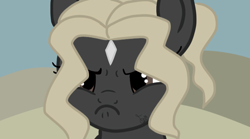 Size: 1440x798 | Tagged: safe, artist:thomas.senko, oc, oc:black betty, earth pony, pony, alone, angry, brown eyes, cute, dark skin, dessert, earth pony oc, female, female oc, mare, mare oc, solo