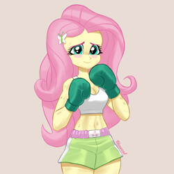 Size: 3000x3000 | Tagged: safe, artist:hexecat, fluttershy, human, equestria girls, g4, arm muscles, belly button, blushing, boxing, boxing gloves, breasts, busty fluttershy, butterfly hairpin, cleavage, clothes, eyebrows, female, hairpin, high res, signature, smiling, solo, sports, sports bra, sports panties, sweat