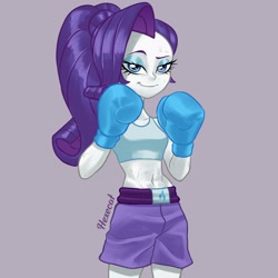 Size: 2048x2048 | Tagged: safe, artist:hexecat, rarity, human, equestria girls, g4, abs, belly, belly button, boxing, boxing gloves, clothes, concave belly, female, fit, midriff, muscles, ponytail, raised fist, slender, solo, sports, sports bra, sports panties, standing, sweat, thin