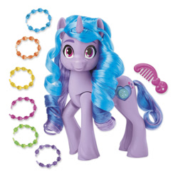 Size: 1500x1500 | Tagged: safe, izzy moonbow, pony, unicorn, g5, bracelet, comb, cute, horn, jewelry, merchandise, see your sparkle izzy moonbow, simple background, solo, toy, white background