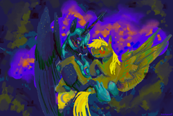 Size: 2048x1378 | Tagged: safe, artist:peachpaws0, derpy hooves, nightmare moon, alicorn, pegasus, pony, g4, armor, armored pony, blushing, duo, fangs, female, holding, holding a pony, lesbian, painting, ship:nightmarederp, shipping