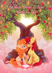 Size: 1468x2048 | Tagged: safe, artist:rozmed, bright mac, pear butter, earth pony, pony, g4, apple, apple tree, blushing, chest fluff, cowboy hat, ear fluff, female, food, hat, intertwined trees, looking at each other, looking at someone, male, mare, pear, pear tree, ship:brightbutter, shipping, smiling, stallion, stetson, straight, tree, unshorn fetlocks