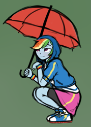 Size: 513x715 | Tagged: safe, artist:katkatkatzu, rainbow dash, equestria girls, g4, blushing, clothes, compression shorts, converse, female, green background, hoodie, shoes, simple background, skirt, sneakers, solo, umbrella