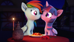 Size: 3840x2160 | Tagged: safe, artist:psfmer, rainbow dash, twilight sparkle, alicorn, pegasus, pony, g4, 3d, accidental kiss, blushing, boop, candle, candlelight, disney, duo, duo female, eye contact, eyebrows, female, flower, folded wings, food, high res, horn, kiss on the lips, kissing, lady and the tramp, lesbian, looking at each other, looking at someone, mare, meatball, movie reference, night, noseboop, outdoors, pasta, plate, ponyville, revamped ponies, rose, ship:twidash, shipping, sitting, slurp, source filmmaker, spaghetti, spaghetti scene, table, twilight sparkle (alicorn), wings