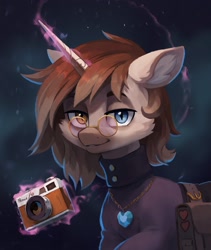 Size: 1800x2128 | Tagged: safe, artist:koviry, oc, oc only, oc:rather, oc:torin vino, pony, unicorn, bag, brown coat, brown mane, bust, camera, cheek fluff, clothes, colored eyebrows, colored pinnae, ear fluff, glasses, glowing, glowing horn, gradient mane, heart, heterochromia, horn, lidded eyes, lineless, long horn, looking at you, magic, male, portrait, round glasses, saddle bag, short mane, smiling, smiling at you, solo, stallion, starry background, telekinesis, turtleneck, unicorn horn, unicorn oc, wingding eyes