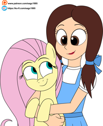 Size: 2793x3413 | Tagged: safe, artist:eagc7, fluttershy, human, pegasus, pony, equestria girls, g4, clothes, crossover, dorothy gale, duo, duo female, female, holding a pony, hug, hug from behind, hugging a pony, human and pony, ko-fi, lipstick, patreon, patreon reward, simple background, smiling, the wizard of oz, white background