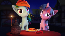 Size: 3840x2160 | Tagged: safe, artist:psfmer, rainbow dash, twilight sparkle, alicorn, pegasus, pony, g4, 3d, candle, candlelight, disney, duo, duo female, eyebrows, female, flower, folded wings, food, high res, horn, imminent kissing, lady and the tramp, lesbian, mare, meatball, movie reference, night, outdoors, pasta, plate, ponyville, revamped ponies, rose, ship:twidash, shipping, sitting, slurp, source filmmaker, spaghetti, spaghetti scene, table, this will end in kisses, twilight sparkle (alicorn), wings