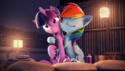 Size: 3840x2160 | Tagged: safe, artist:psfmer, rainbow dash, twilight sparkle, alicorn, pegasus, pony, g4, 3d, cheek kiss, duo, duo female, eyes closed, female, folded wings, high res, hoof around neck, horn, hug, kissing, lesbian, mare, nose wrinkle, revamped ponies, scrunchy face, ship:twidash, shipping, sitting, smiling, source filmmaker, twilight sparkle (alicorn), unshorn fetlocks, wavy mouth, wings