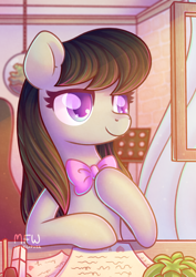 Size: 2480x3508 | Tagged: safe, artist:wavecipher, octavia melody, earth pony, pony, g4, bowtie, bust, cello case, desk, female, high res, indoors, letter, mare, music stand, paper, smiling, solo