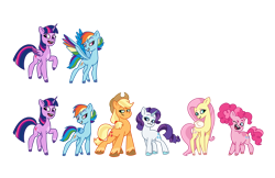 Size: 1920x1243 | Tagged: safe, artist:dazzle, applejack, fluttershy, pinkie pie, rainbow dash, rarity, twilight sparkle, alicorn, earth pony, pegasus, unicorn, g4, g5, my little pony: tell your tale, colored wings, female, g4 to g5, generation leap, group, hat, horn, mane six, mare, markings, multicolored wings, rainbow wings, simple background, transparent background, twilight sparkle (alicorn), unicorn twilight, wings