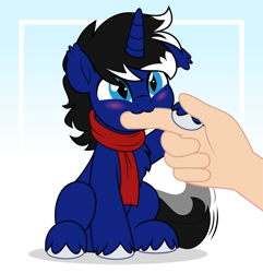 Size: 4822x5000 | Tagged: safe, artist:jhayarr23, oc, oc only, oc:night reader, bat pony, unicorn, blushing, clothes, commission, cute, gradient background, horn, nibbling, nom, ocbetes, scarf, smol, tail, tail wag, weapons-grade cute, ych result
