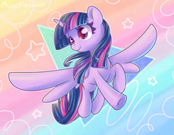 Size: 1443x1127 | Tagged: safe, artist:wavecipher, twilight sparkle, alicorn, pony, g4, abstract background, female, flying, gradient background, horn, mare, smiling, solo, spread wings, triangle, twilight sparkle (alicorn), wings