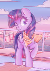 Size: 1369x1931 | Tagged: safe, artist:wavecipher, twilight sparkle, alicorn, pony, g4, boardwalk, clothes, cloud, coffee, coffee cup, cup, female, folded wings, glowing, glowing horn, horn, levitation, looking at you, magic, magic aura, mare, outdoors, railing, raised hoof, scarf, scenery, sky, smiling, smiling at you, solo, telekinesis, twilight sparkle (alicorn), water, wings