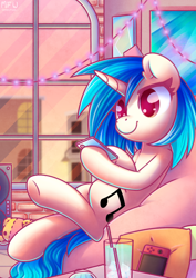 Size: 2480x3508 | Tagged: safe, artist:wavecipher, dj pon-3, vinyl scratch, pony, unicorn, g4, cellphone, female, high res, hoof hold, horn, indoors, mare, nintendo, nintendo switch, phone, smartphone, smiling, solo, speaker, string lights, window