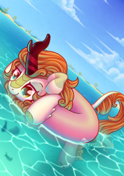 Size: 2480x3508 | Tagged: safe, artist:wavecipher, autumn blaze, fish, kirin, g4, awwtumn blaze, cloud, cloven hooves, cute, female, floating, high res, horn, inflatable, inner tube, kirinbetes, looking down, outdoors, palm tree, pool toy, sky, smiling, solo, tail, tree, underwater, unshorn fetlocks, water