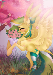 Size: 1610x2280 | Tagged: safe, artist:sheru, oc, oc:shinebite, oc:shinebite fantom.ent, pegasus, bouquet, cherry blossoms, collapse, flower, flower blossom