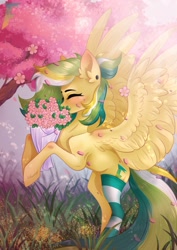 Size: 1525x2160 | Tagged: safe, artist:nazalik, artist:sheru, oc, oc:shinebite, oc:shinebite fantom.ent, pegasus, bouquet, cherry blossoms, collapse, flower, flower blossom