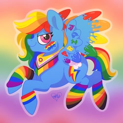 Size: 2048x2048 | Tagged: safe, alternate version, artist:alithinksshecandraw, rainbow dash, pegasus, pony, g4, 2022, bandana, bracelet, clothes, face paint, gradient background, jewelry, looking at you, outline, pansexual pride flag, pride, pride flag, progress pride flag, rainbow background, signature, smiling, socks, solo, striped socks