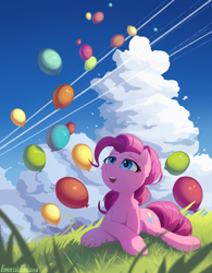 Size: 2050x2624 | Tagged: safe, artist:emeraldgalaxy, pinkie pie, earth pony, pony, g4, balloon, cloud, ear fluff, eyebrows, female, grass, high res, leg fluff, lying down, mare, open mouth, open smile, outdoors, prone, signature, sky, smiling, solo, that pony sure does love balloons