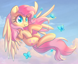 Size: 2784x2288 | Tagged: safe, artist:wavecipher, fluttershy, butterfly, pegasus, pony, g4, cloud, cute, female, flying, heart, heart eyes, high res, leaning back, mare, outdoors, shyabetes, sky, smiling, solo, spread wings, wingding eyes, wings