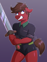 Size: 2108x2776 | Tagged: safe, artist:witchtaunter, oc, oc:orion pink, anthro, clothes, commission, gradient background, male, scared, shorts, solo, stallion, sword, weapon