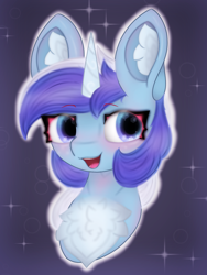 Size: 2558x3408 | Tagged: safe, artist:sodapop sprays, minuette, pony, unicorn, g4, blushing, bust, chest fluff, commission, ear fluff, female, happy, horn, mare, portrait, solo, ych result