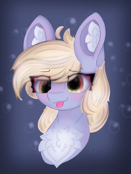 Size: 2688x3582 | Tagged: safe, artist:sodapop sprays, derpy hooves, pegasus, pony, g4, :p, blushing, bubble, bust, chest fluff, commission, derp, ear fluff, female, happy, mare, portrait, solo, tongue out, ych result