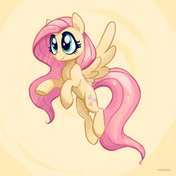 Size: 2048x2048 | Tagged: safe, artist:pfeffaroo, fluttershy, pegasus, pony, g4, female, flying, high res, mare, raised hoof, smiling, solo, spread wings, three quarter view, wings