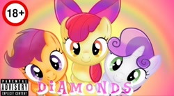 Size: 720x400 | Tagged: safe, artist:mayhemtown, apple bloom, scootaloo, sweetie belle, earth pony, pegasus, pony, unicorn, g4, cutie mark crusaders, diamonds hd, female, filly, foal, horn, looking at you, smiling, trio, youtube thumbnail