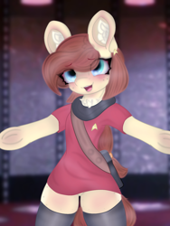 Size: 3018x4022 | Tagged: safe, artist:sodapop sprays, oc, oc only, oc:naomi horsely, earth pony, pony, semi-anthro, bipedal, clothes, combadge, incoming hug, looking at you, offering hug, open arms, pogchamp, socks, solo, standing, star trek, star trek (tos), thigh highs, uniform