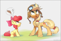 Size: 1447x981 | Tagged: safe, artist:ramiras, apple bloom, applejack, earth pony, pony, g4, g4.5, how applejack got her hat back, my little pony: pony life, apple bloom's bow, apple sisters, applejack's hat, aviator goggles, aviator hat, blank flank, blue eyes, bow, concave belly, cowboy hat, duo, duo female, female, filly, foal, g4.5 to g4, goggles, hair bow, hat, looking up, mare, open mouth, pictogram, pilotjack, question mark, siblings, sisters, sitting, speech bubble, wrong eye color