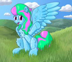 Size: 2500x2160 | Tagged: safe, alternate version, artist:callichrome, oc, oc only, pegasus, pony, g5, chest fluff, coat markings, dappled, female, grass, looking at you, outdoors, pegasus oc, smiling, smiling at you, solo, spread wings, waving, waving at you, wings