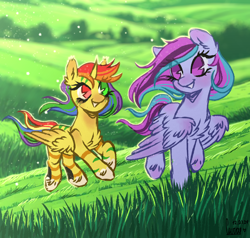 Size: 6000x5700 | Tagged: safe, artist:curryrice, oc, oc:grace seraph, oc:healing lavender, alicorn, hybrid, original species, pegasus, pony, zebra, absurd file size, absurd resolution, commission, complex background, freen field, grass, grass field