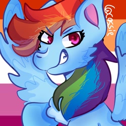 Size: 1024x1024 | Tagged: safe, artist:cassie!, rainbow dash, pegasus, pony, g4, 2021, female, icon, lesbian pride flag, looking at you, pride, pride flag, signature, smiling, smiling at you, solo