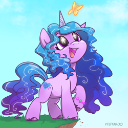 Size: 2208x2208 | Tagged: safe, artist:pfeffaroo, izzy moonbow, butterfly, pony, unicorn, g5, bracelet, cliff, curly hair, curly mane, cute, female, filly, filly izzy moonbow, foal, happy, high res, horn, izzybetes, jewelry, looking up, open mouth, open smile, raised hoof, smiling, solo, starry eyes, the fool, unshorn fetlocks, weapons-grade cute, wingding eyes, younger