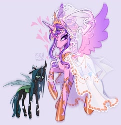 Size: 2450x2533 | Tagged: safe, artist:peachmichea, princess cadance, queen chrysalis, alicorn, changeling, changeling queen, pony, g4, alternate hairstyle, bags under eyes, bracelet, clothes, concave belly, dress, duo, duo female, eyeshadow, female, floating heart, heart, height difference, hoof shoes, horn, horn ring, infidelity, jewelry, lesbian, lidded eyes, makeup, mare, meme, peytral, princess shoes, raised hoof, redraw, regalia, ring, ship:cadalis, shipping, signature, simple background, size difference, slender, smiling, spread wings, subverted meme, tail, tall, the bride and the ugly ass groom, thin, tiara, toy interpretation, wedding dress, wedding veil, wings