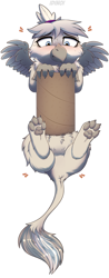 Size: 1318x3360 | Tagged: safe, artist:dinoalpaka, oc, oc only, oc:silvia the gryphon, griffon, cardboard, commission, female, griffon oc, paw pads, paws, simple background, smol, solo, toilet paper roll, white background, wings, ych result