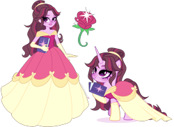 Size: 5142x3752 | Tagged: safe, artist:gihhbloonde, twilight sparkle, human, pony, unicorn, equestria girls, g4, belle, book, clothes, crossover, crossover fusion, disney, disney princess, dress, ear piercing, earring, female, fusion, fusion:belle, fusion:twilight sparkle, gloves, hair bun, hoof hold, horn, jewelry, lightly watermarked, lipstick, mare, piercing, purple eyes, raised hoof, self paradox, self ponidox, simple background, smiling, solo, standing, transparent background, watermark, we have become one