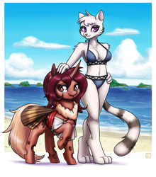 Size: 1825x2070 | Tagged: safe, artist:king-kakapo, oc, oc:flechette, cat, changeling, insect, moth, mothling, original species, anthro, beach, bikini, clothes, duo, furry, furry oc, ocean, red changeling, swimsuit, water