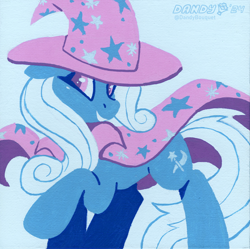 Size: 3534x3516 | Tagged: safe, artist:dandy, trixie, pony, unicorn, g4, acrylic painting, cape, clothes, female, floppy ears, hat, high res, horn, limited palette, looking at you, mare, smiling, solo, traditional art, trixie's cape, trixie's hat