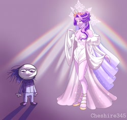 Size: 2048x1943 | Tagged: safe, artist:cheshire345, princess cadance, shining armor, human, g4, 2024, alternate hairstyle, bowtie, clothes, crepuscular rays, dress, duo, duo male and female, eyes closed, female, height difference, humanized, jewelry, larger female, male, meme, messy hair, pants, pony coloring, redraw, ship:shiningcadance, shipping, signature, size difference, smaller male, smiling, sparkles, straight, suit, the bride and the ugly ass groom, tiara, toy interpretation, wedding dress, wedding veil