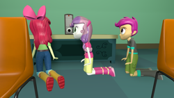 Size: 2048x1152 | Tagged: safe, artist:gaelgaming1, apple bloom, scootaloo, sweetie belle, human, equestria girls, g4, happily ever after party, happily ever after party: applejack, my little pony equestria girls: better together, 3d, crawling, cutie mark crusaders, female, projector, source filmmaker, trio, trio female