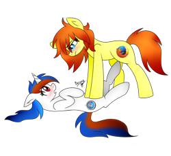 Size: 1100x1000 | Tagged: safe, artist:mayleebell24, oc, oc only, oc:firefox, oc:safari, earth pony, unicorn, blushing, browser ponies, female, horn, mare, pinned down, simple background, transparent background