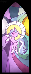 Size: 605x1435 | Tagged: safe, artist:chiefywiffy, oc, oc:chiefy, unicorn, clothes, ear piercing, halo, horn, leg warmers, piercing, solo, stained glass