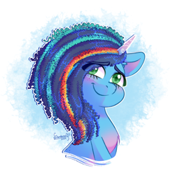 Size: 2200x2200 | Tagged: safe, alternate version, artist:soniana_draws, part of a set, misty brightdawn, pony, unicorn, g5, alternate hair color, alternate hairstyle, blushing, bust, cute, eye clipping through hair, eyebrows, eyebrows visible through hair, female, freckles, high res, horn, mare, mistybetes, multicolored hair, portrait, rainbow hair, rainbow streak, smiling