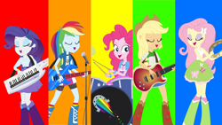 Size: 4214x2379 | Tagged: safe, artist:cmnieto, applejack, fluttershy, pinkie pie, rainbow dash, rarity, human, equestria girls, g4, my little pony equestria girls: rainbow rocks, arms, bass guitar, belt, better than ever, blouse, boots, bracelet, breasts, bust, button-up shirt, clothes, collar, cowboy hat, denim skirt, drum set, drums, electric guitar, eyes closed, female, fingers, freckles, guitar, hairpin, happy, hat, holding, jewelry, keytar, legs, long hair, makeup, musical instrument, open mouth, playing, playing instrument, shirt, shoes, short sleeves, singing, skirt, sleeveless, sleeveless sweater, smiling, socks, sweater, t-shirt, tambourine, tank top, teenager, the rainbooms, top, vest, wristband