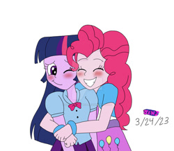 Size: 828x723 | Tagged: safe, artist:stella-exquisa, pinkie pie, twilight sparkle, human, equestria girls, g4, arms, blouse, blushing, bowtie, bracelet, breasts, bust, clothes, cuddling, deviantart watermark, female, fingers, grin, hand, happy, hug, jewelry, lesbian, long hair, obtrusive watermark, puffy sleeves, ship:twinkie, shipping, shirt, short sleeves, simple background, skirt, smiling, teenager, teeth, vest, watermark, white background